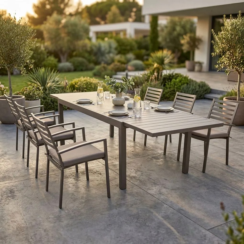 DEXTER - set tavolo in alluminio cm 200/300 x 100 x 74 h con 6 poltrone Dexter