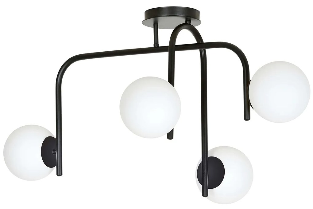 Lampadario 4 Luci Rama In Acciaio Nero A Bracci E Sfere In Vetro Opalino
