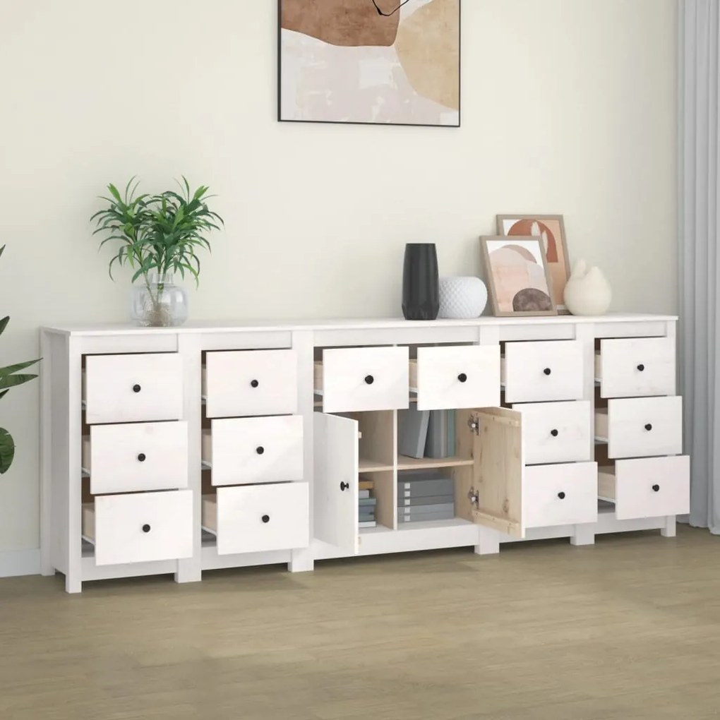 Credenza bianca 230x35x80 cm in legno massello di pino