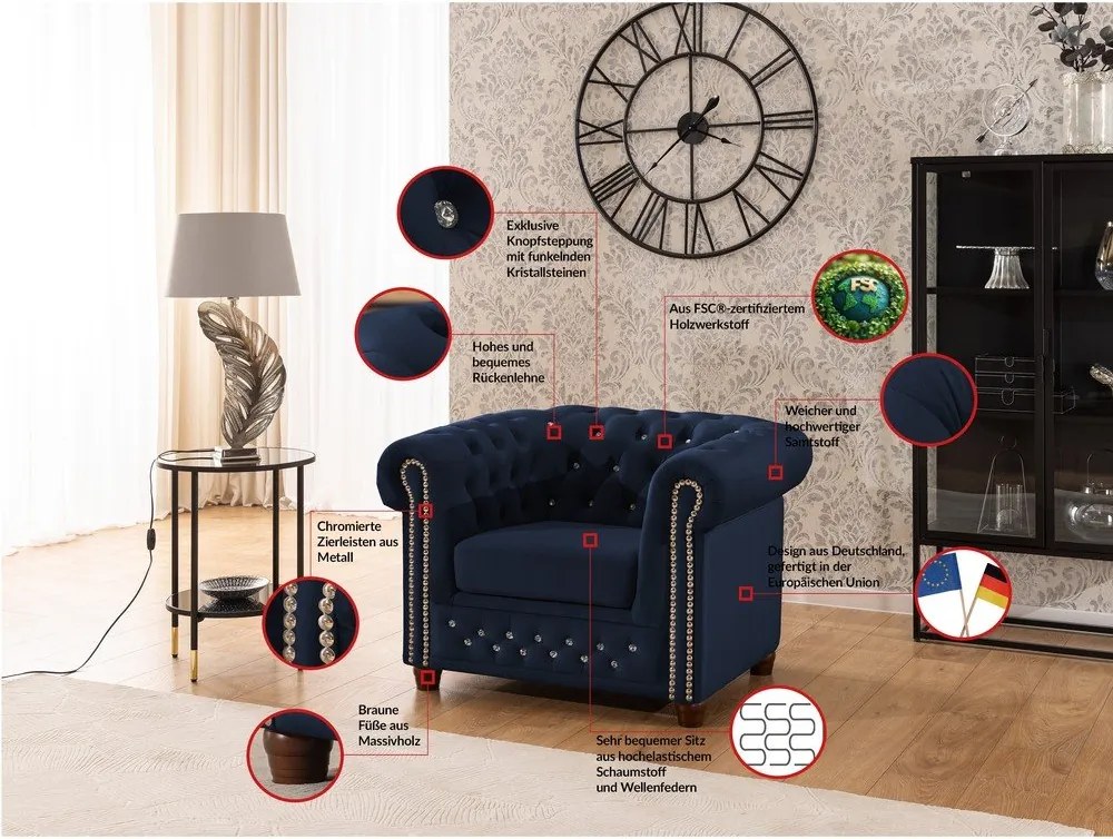 Poltrona chesterfield blu con rivestimento in velluto York Blik – Ropez