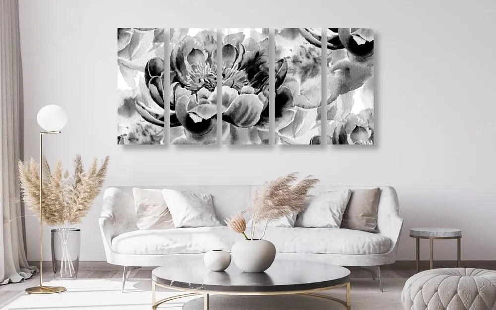Quadri 5 pezzi – Peonie in bianco e nero