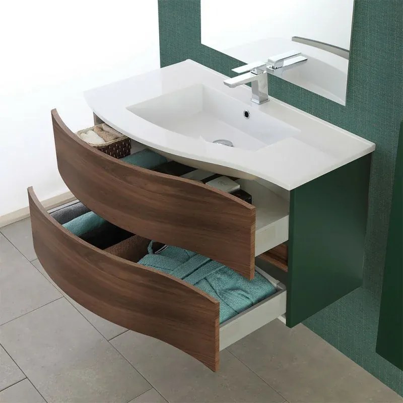 Mobile bagno sospeso curvo 90 cm Minori noce canaletto con pensile