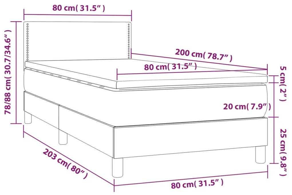 Letto a Molle con Materasso e LED Grigio Scuro 80x200cm Velluto