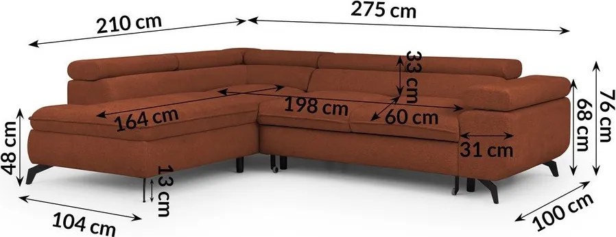 Divano angolare color terracotta (con penisola a sinistra/a L) con rivestimento in ciniglia Marbeya – Ropez
