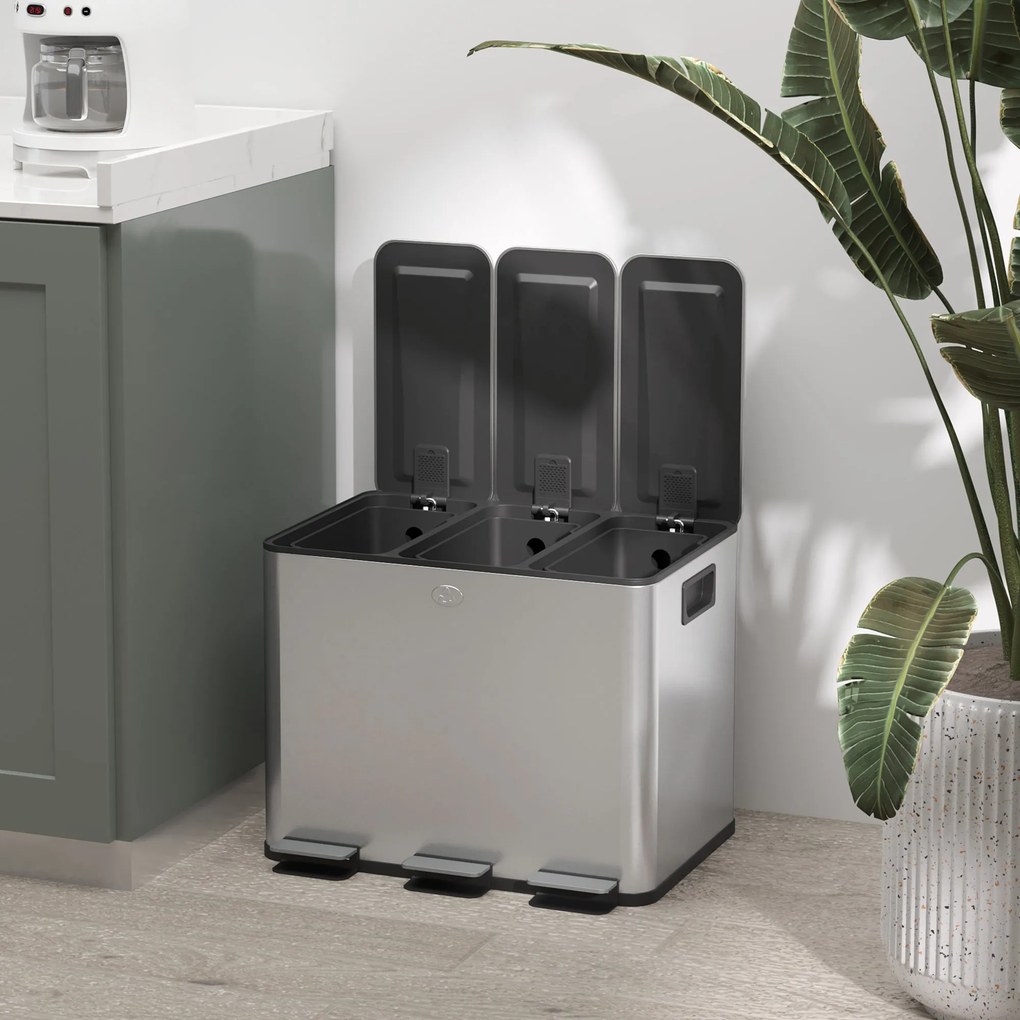 Pattumiera a Pedale 3 Sezioni da 20L 61,9x36,6x56,7 cm in Acciaio Inox e PP...