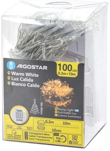 Aigostar -Catena LED natalizia da esterno 100xLED/8 funzioni 3xAA 10,3m IP44 bianco caldo