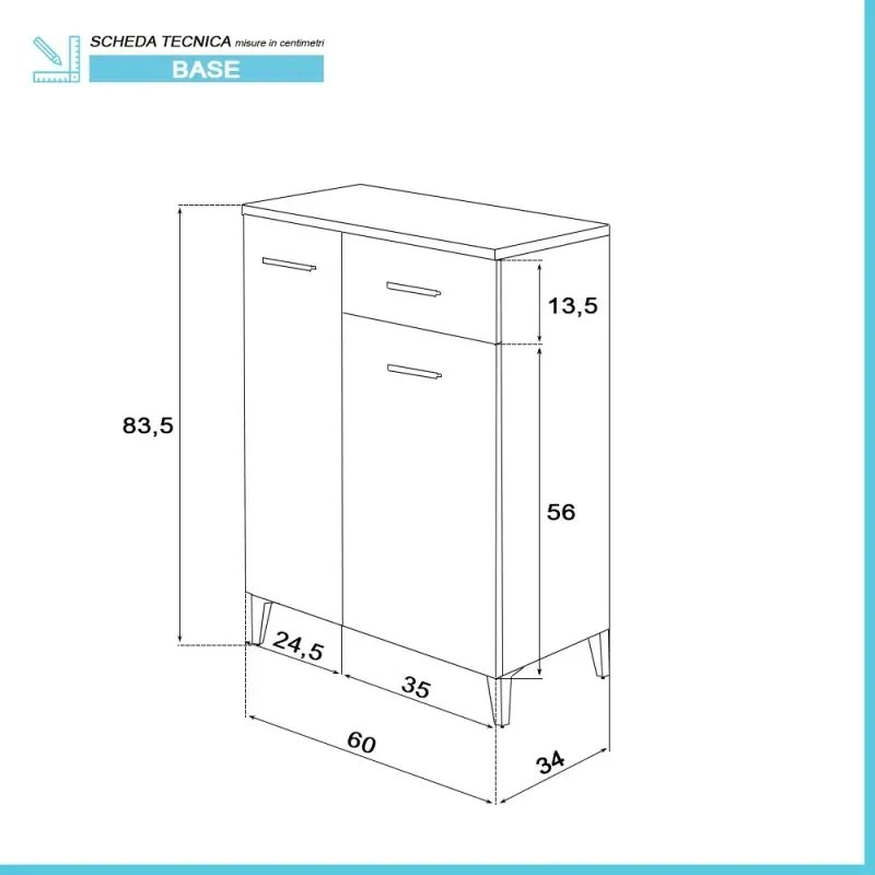Base multiuso 60x34 cm rovere dolomite con 2 ante e cassetto scorrevole Desya