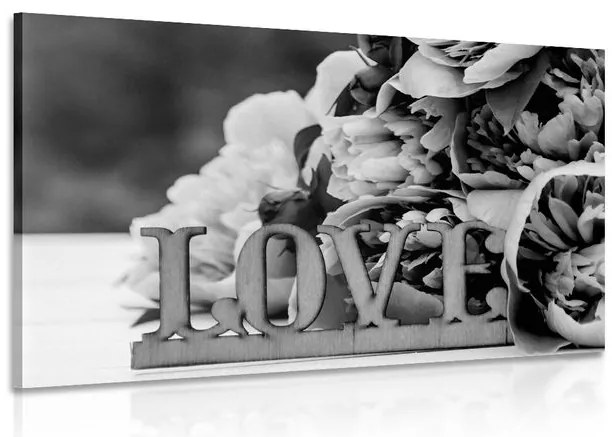 Stampa su tela – Peonie con scritta Love in bianco e nero
