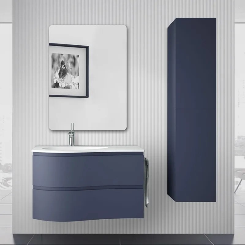 Mobile bagno sospeso curvo 90 cm Melody blu navy con vasca e specchio