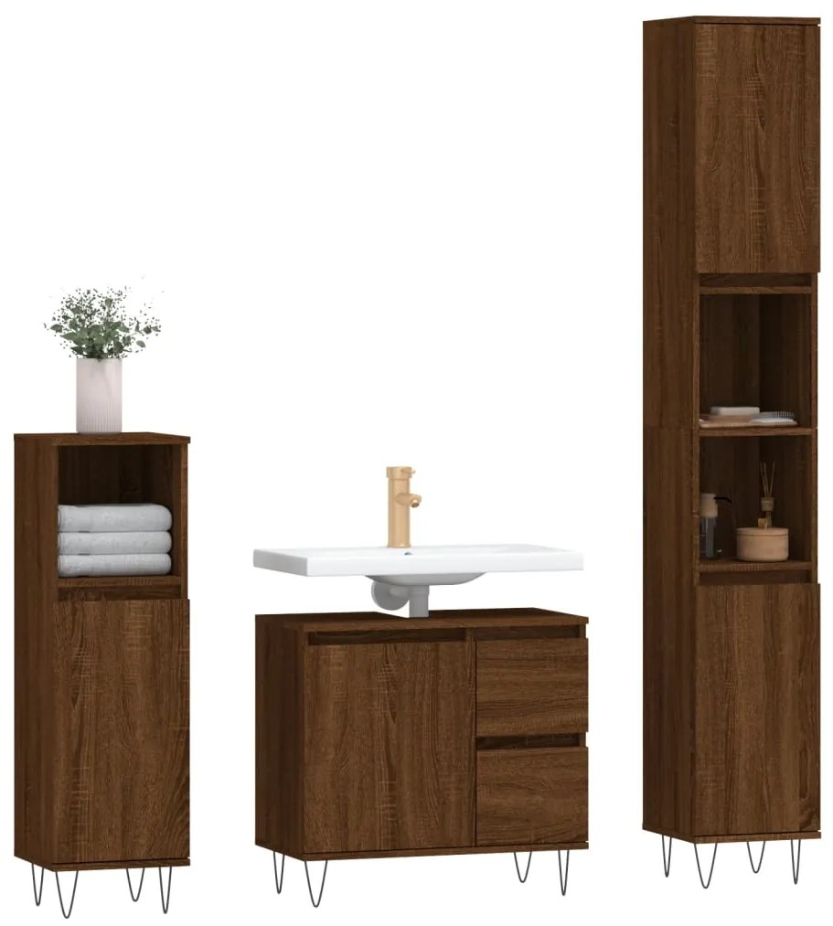 Set mobili da bagno 3 pz rovere marrone in legno multistrato