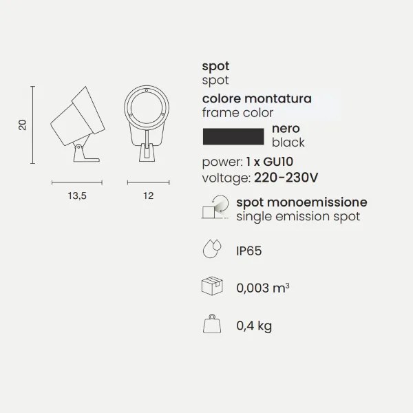Lampada spot GURU 12x20 cm a pavimento per esterni in alluminio Nero
