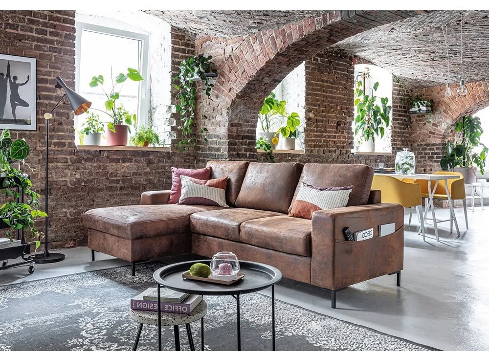 Divano letto vintage in similpelle marrone, angolo sinistro Lofty Lilly - Miuform