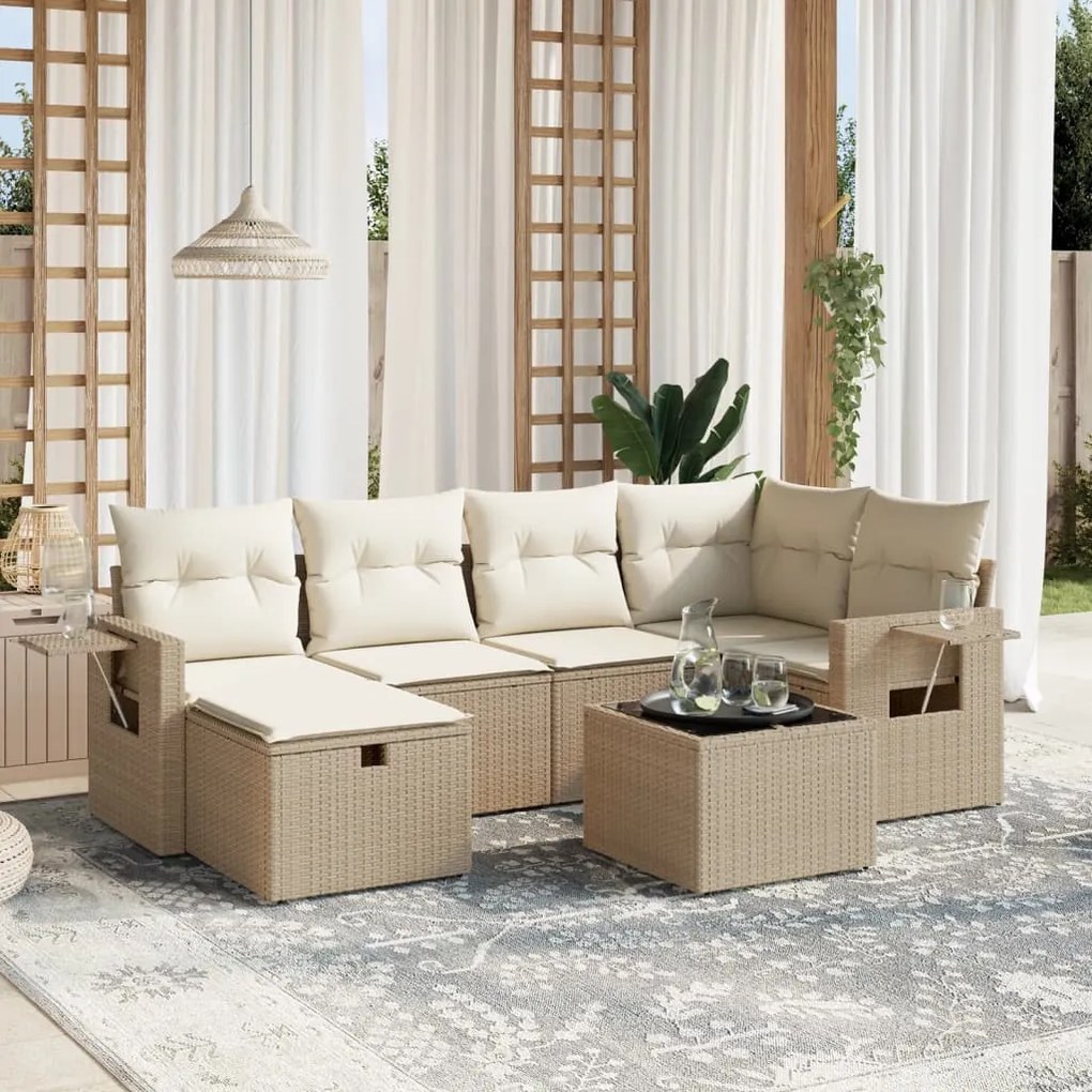 Set divani da giardino 7 pz con cuscini beige in polyrattan