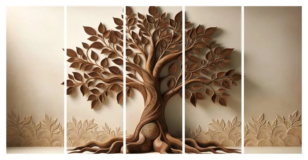 Quadri 5 pezzi – Albero della vita marrone con effetto 3D
