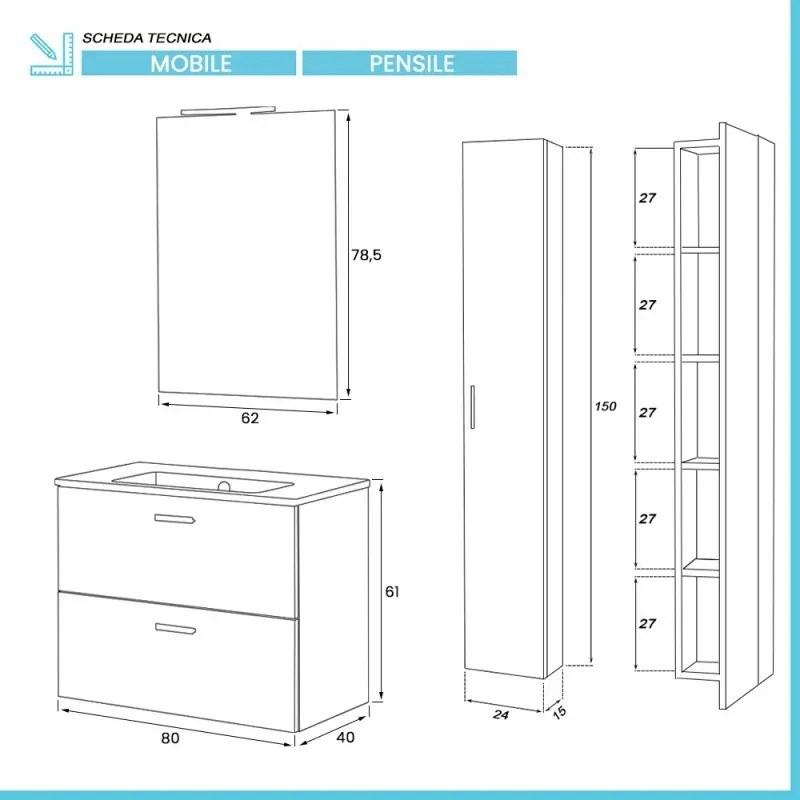 Mobile bagno sospeso 80 rovere tropea con pensile 150 lavabo e specchio Martha