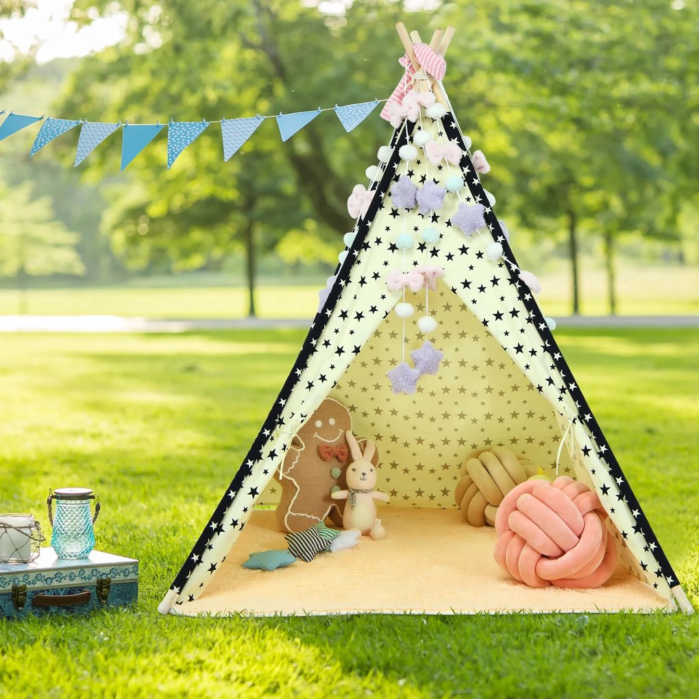 Costway Tenda tepee in cotone per bambini, Tappetino pieghevole con finestre e tasca 122 x 117,5 x 150 cm Naturale