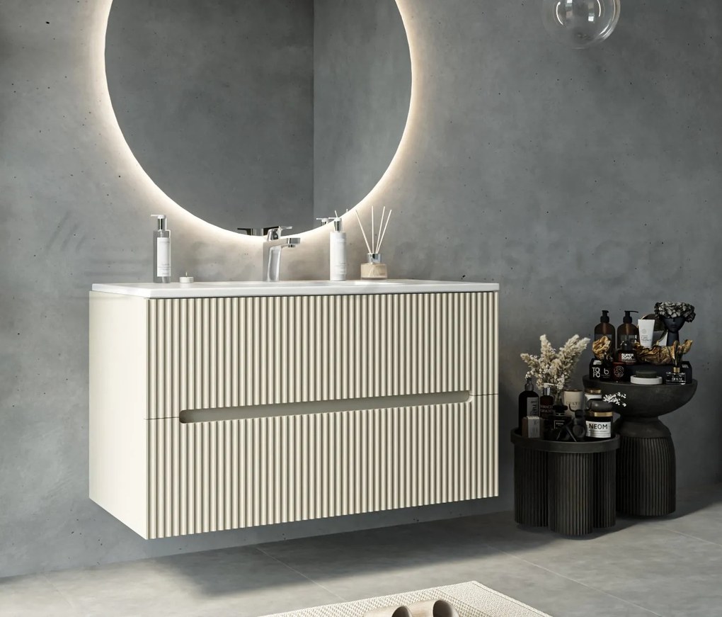 Mobile bagno beige 100x46 cannettato Urbino 2.0 con lavabo in resina e due cassetti