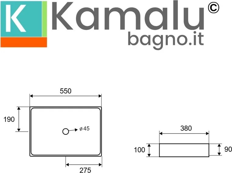 Lavabo appoggio rettangolare in acciaio finitura spazzolata | KSAT-550AI - KAMALU