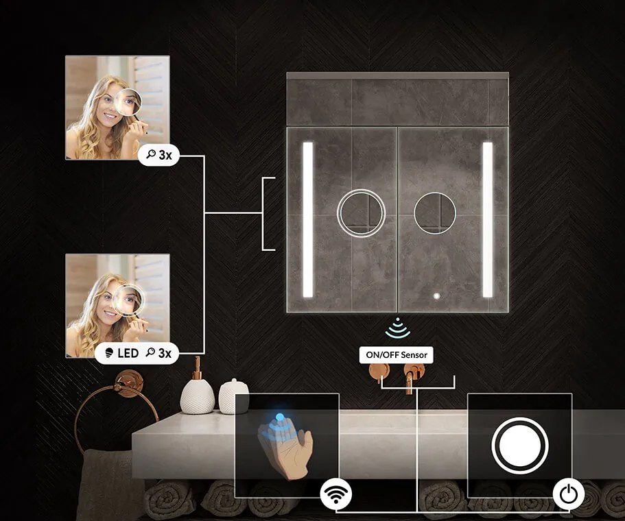 Mobile bagno con specchio LED illuminato - 66,5 x 72 cm con ripiani in vetro nel colore Rovere Oslo, in legno, di Artforma