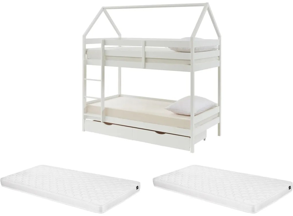 Letto a castello capanna 2 x 90 x 190 cm 2 cassetti Pino Bianco + Materasso - CHORI