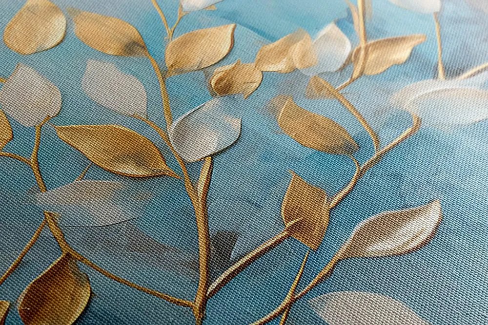 Quadro su tela – Foglie oro-bianche su sfondo blu
