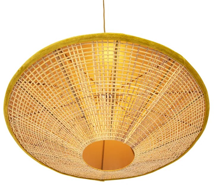 Lampada a sospensione rustica in velluto giallo con rattan 60 cm - Frills Can