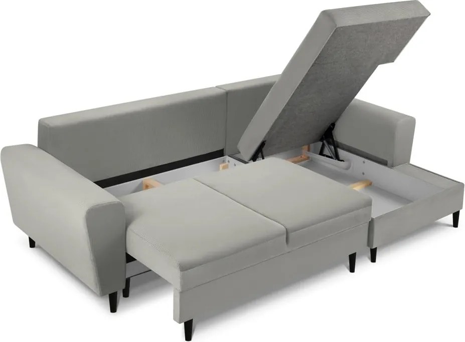 Divano angolare grigio chiaro allungabile e con contenitore (con penisola a destra/con chaise lounge) con rivestimento in velluto a coste Kyoto – Cosmopolitan Design