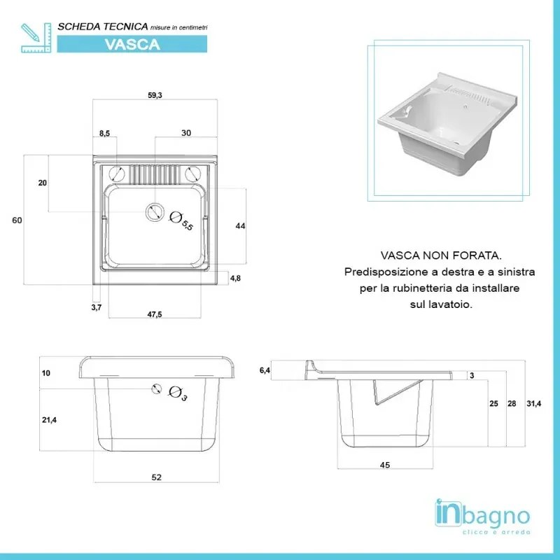 Mobile Lavatoio in Kit 60x60 cm con Vasca colore Bianco in Resina