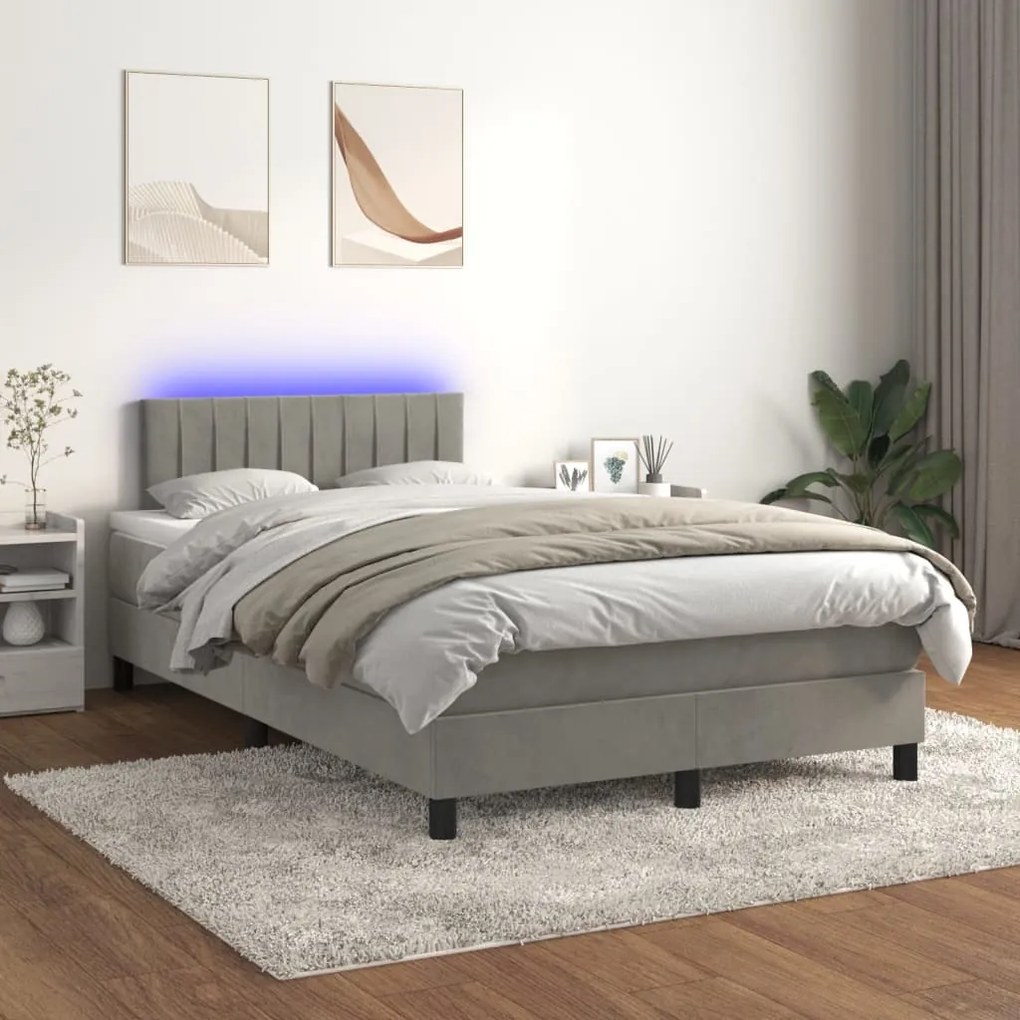 Letto a molle materasso e led grigio chiaro 120x190 cm velluto