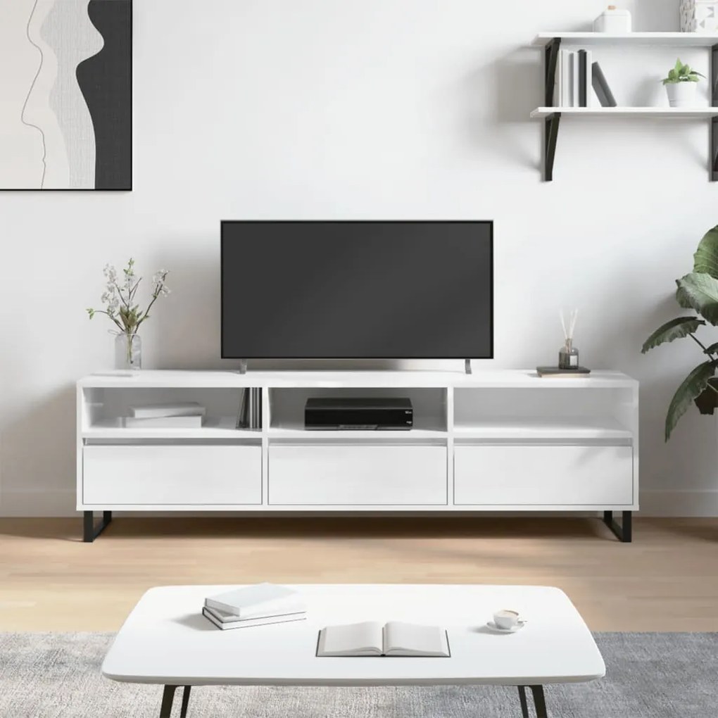 Mobile Porta TV Bianco Lucido 150x30x44,5 cm Legno Multistrato