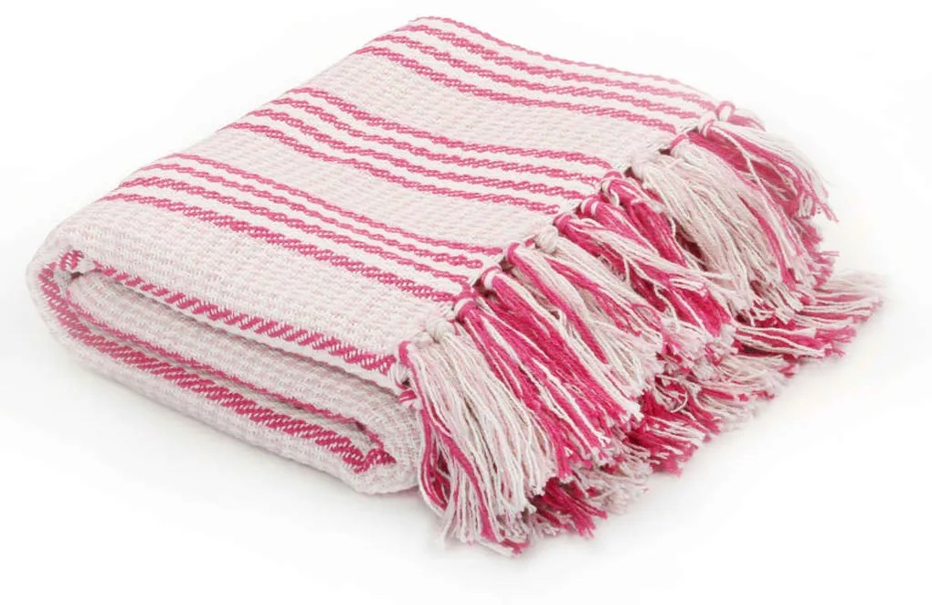 Copriletto İn Cotone A Righe 160x210 Cm Rosa E Bianco /