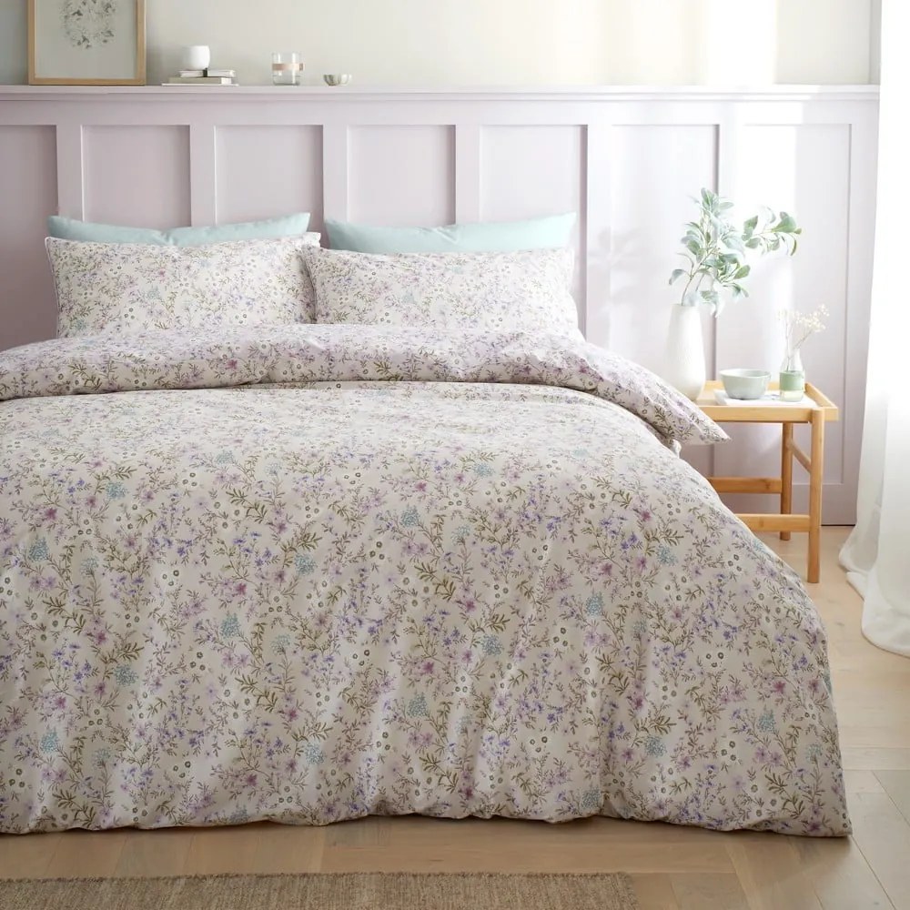 Biancheria da letto lavanda/beige in cotone per letto singolo 135x200 cm Ditsy Floral – Bianca