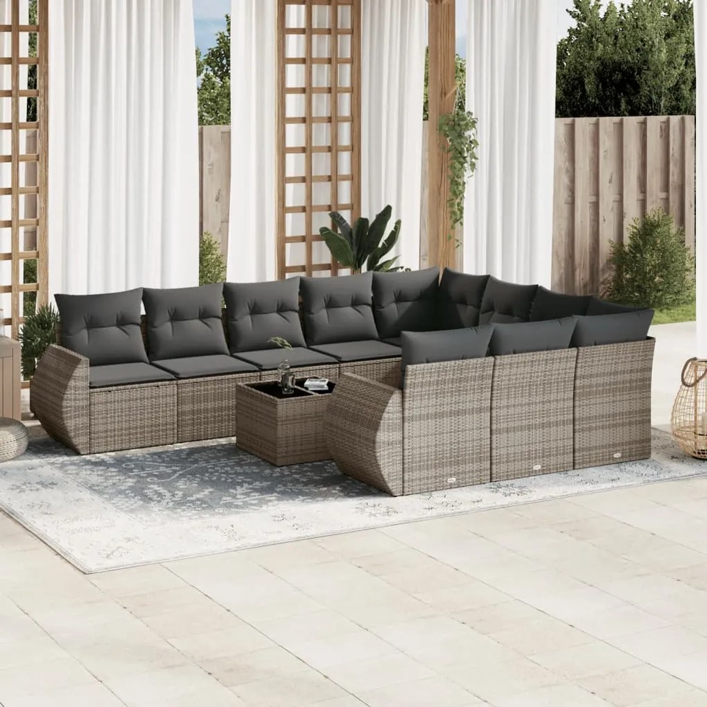 Set divani da giardino 11 pz con cuscini in polyrattan grigio