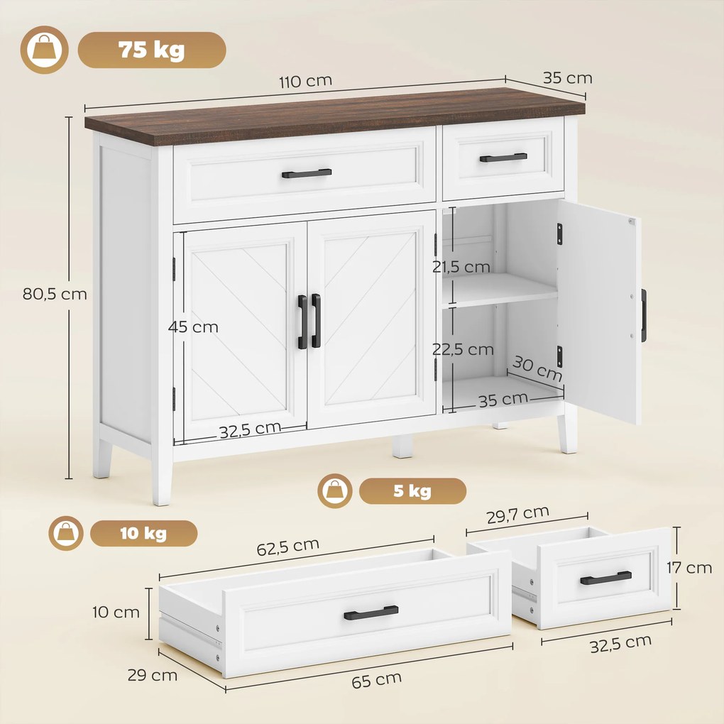 Credenza da Cucina 110x35x80,5 cm con 3 Ante a Fienili 2 Cassetti e 2 Ripiani Regolabili in Legno Bianco...