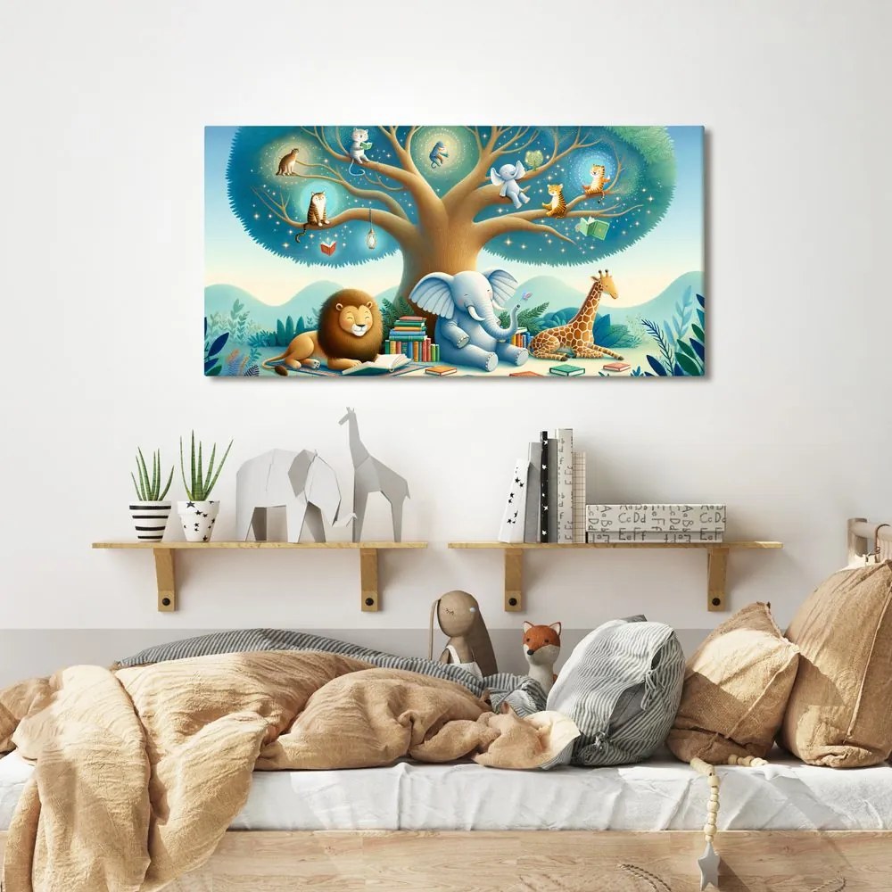 Quadro su tela – Animali sotto l’albero con libro