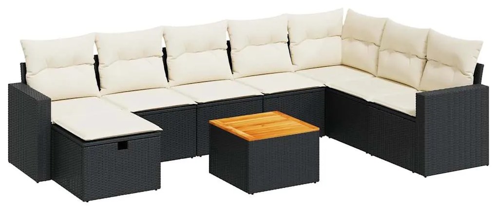 Set divani da giardino 9 pz con cuscini nero in polyrattan