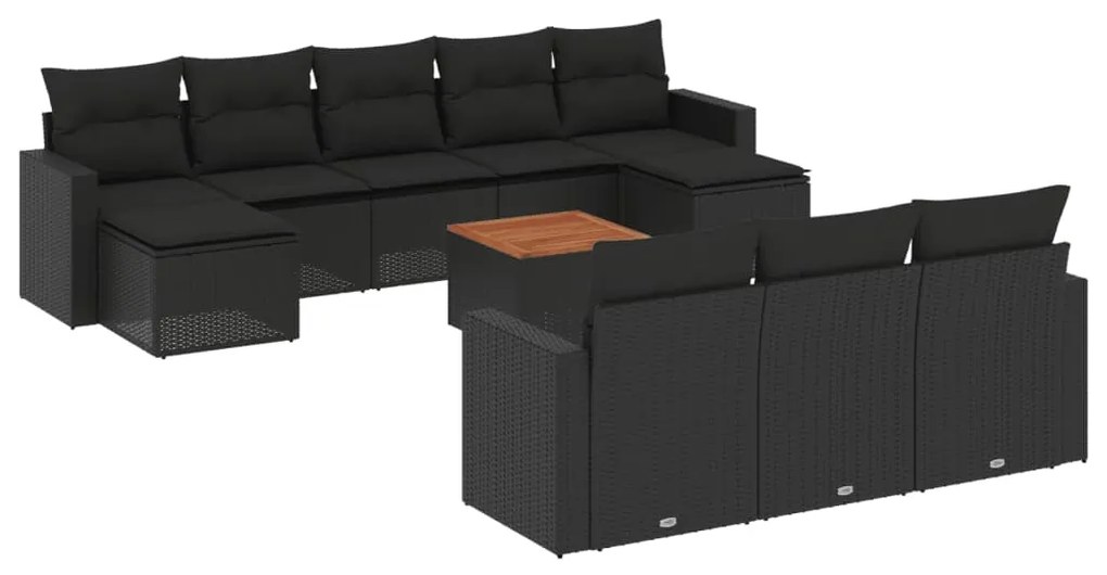 Set divani da giardino 11 pz con cuscini in polyrattan nero