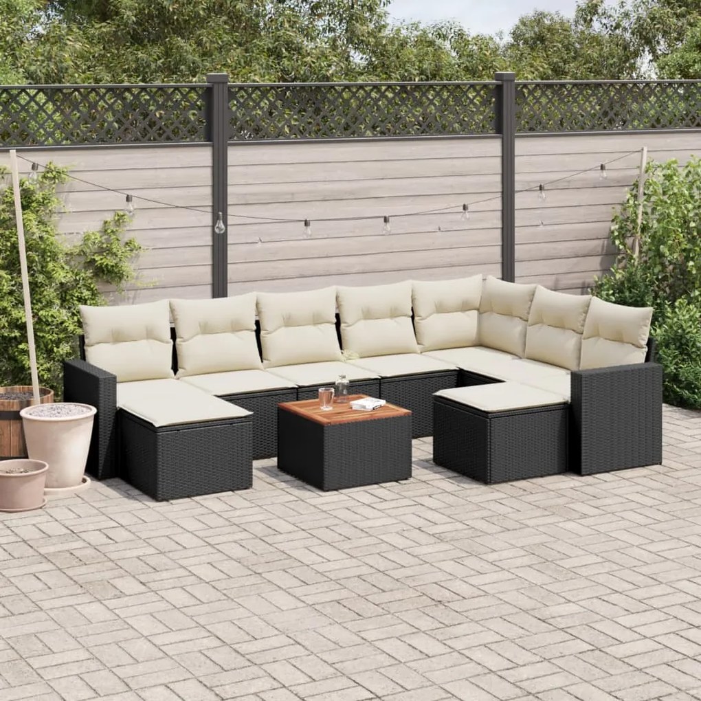 Set divani da giardino 10pz con cuscini in polyrattan nero