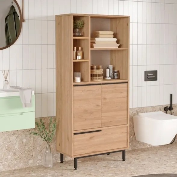 Mobile Multiuso Da Bagno Con Ante Frontali E Vani A Giorno 75x36x160 Legno Ocean