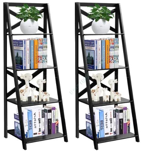 Costway Set di 2 scaffali a scala in legno a 4 ripiani per soggiorno, 2 Librerie mobili portaoggetti 51x46x143cm Nero