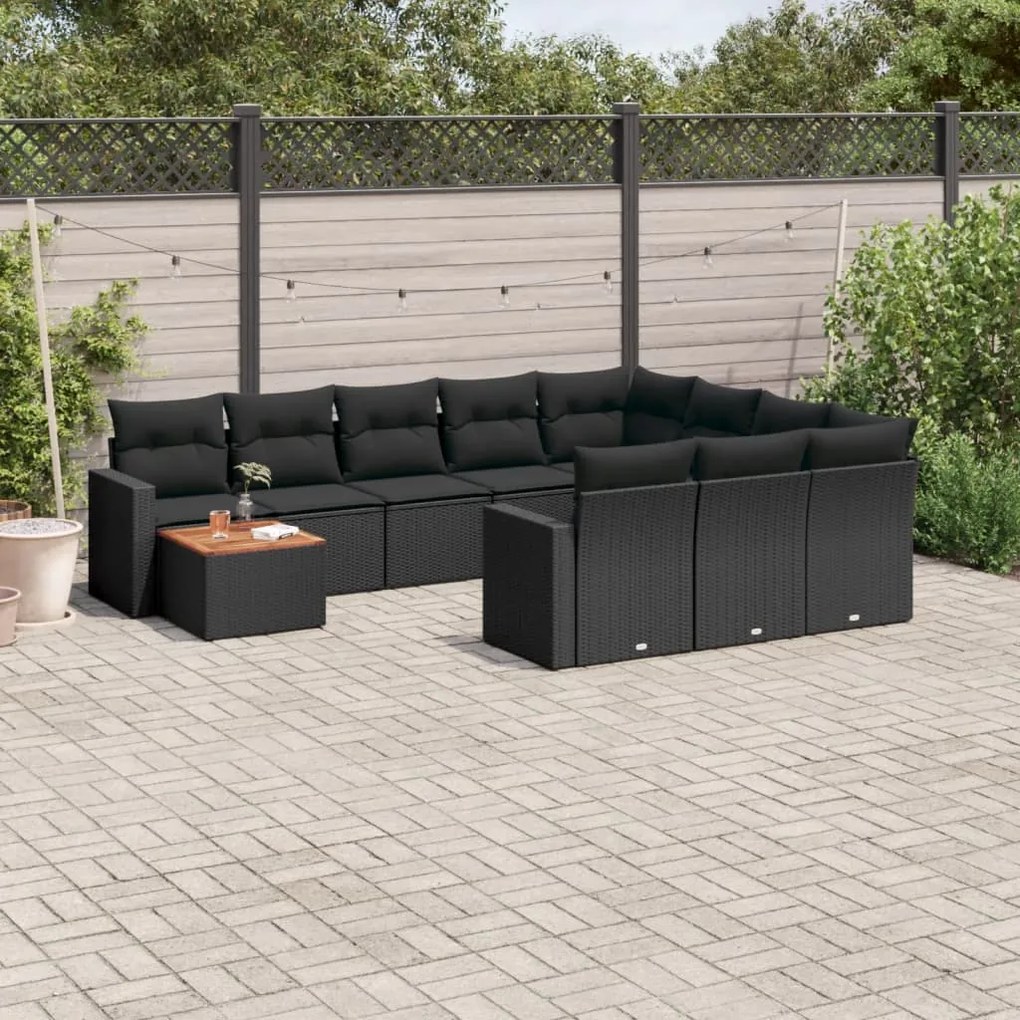 Set divani da giardino 11 pz con cuscini in polyrattan nero