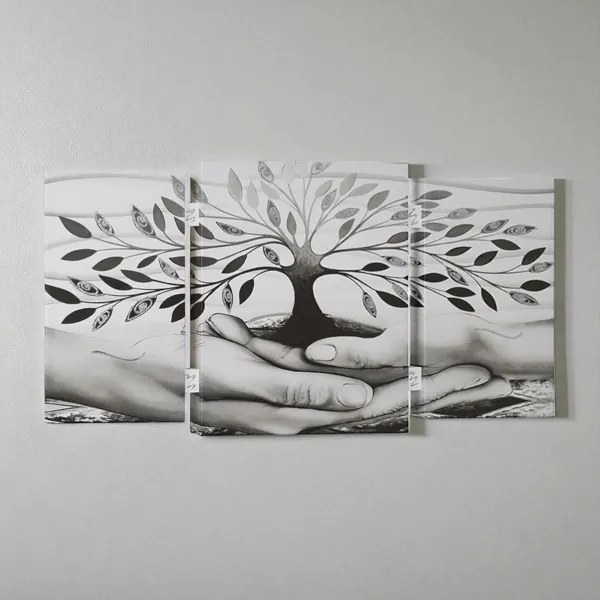 Quadro TRIS moderno su tela 65x146 cm telaio in legno tema Albero Della Vita