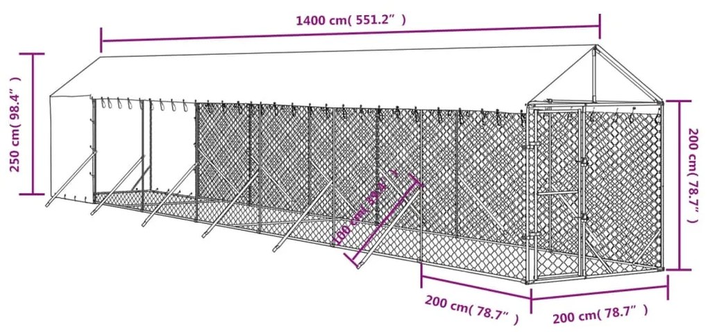Cuccia cani da esterno tetto argento 2x14x2,5 m acciaio zincato