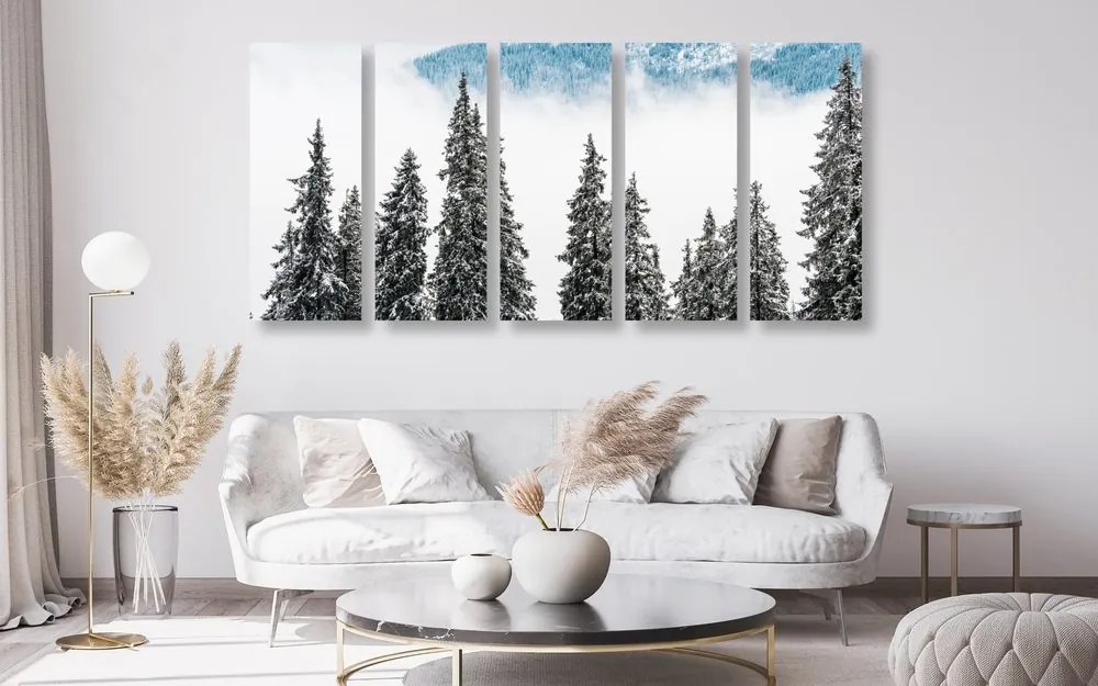 Quadri 5 pezzi – Alberi di pino innevati