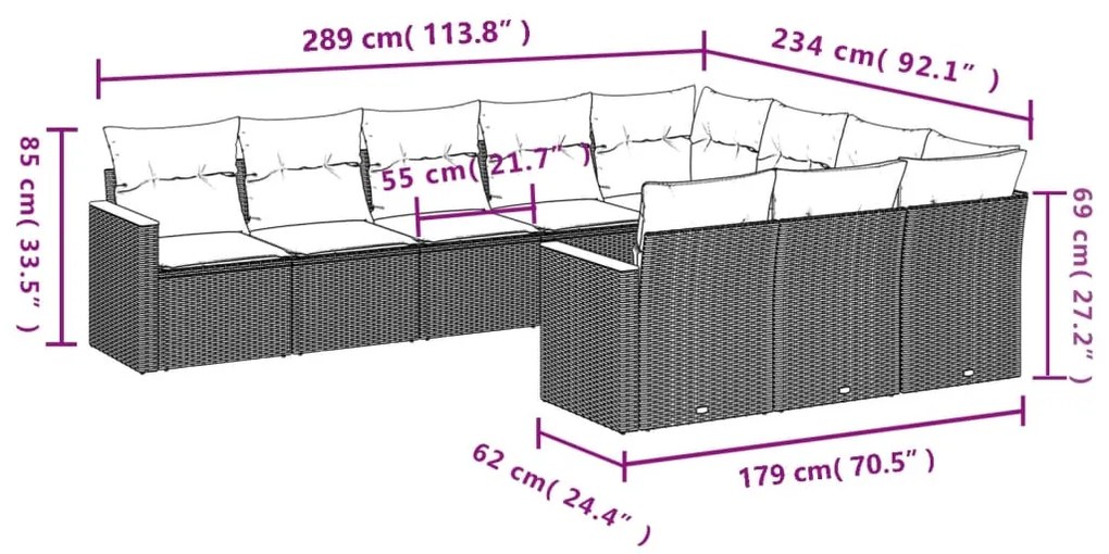 Set divani da giardino 10pz con cuscini in polyrattan nero