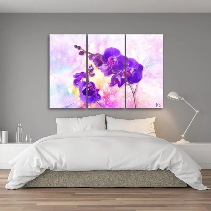 Quadro su tela 3  pannelli, Fiore di orchidea viola  Dimensioni 90x60