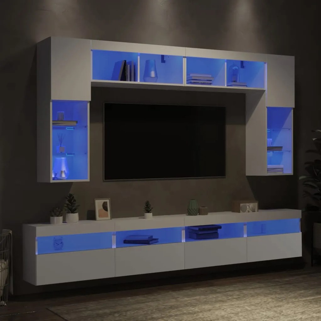 Set mobili tv a muro 8 pz con luci led bianco