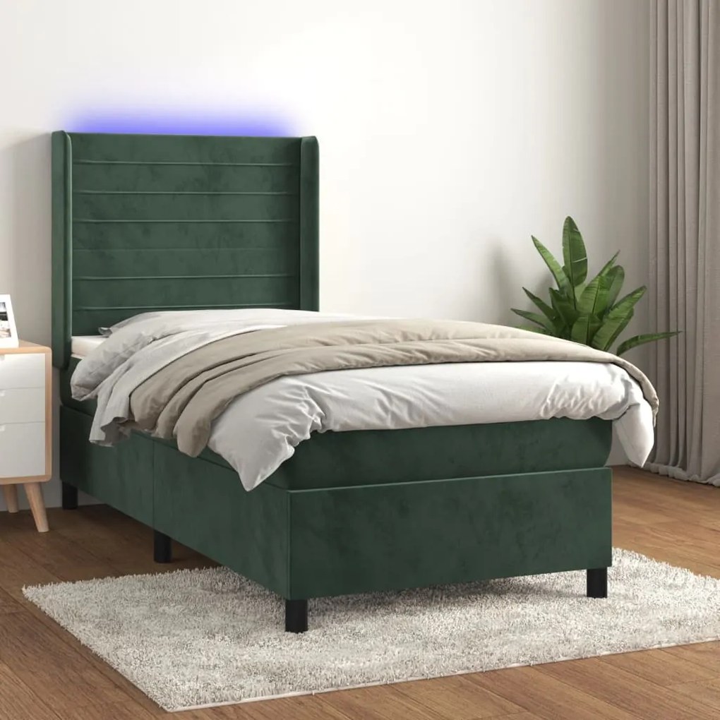 Letto a molle con materasso e led verde scuro 100x200cm velluto