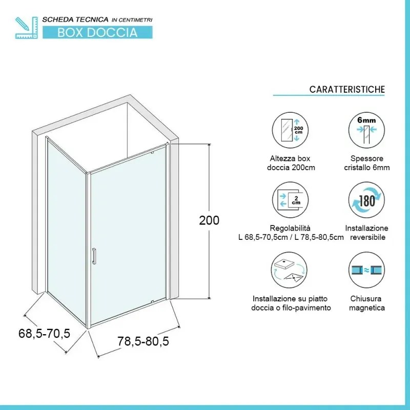 Box doccia angolare 70x80 cm con porta battente in cristallo trasparente Ted