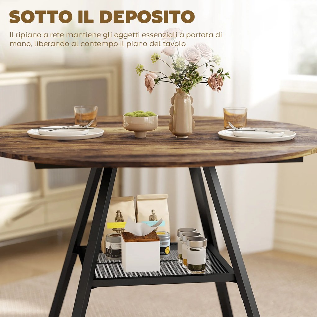 Tavolo da Pranzo 4 Posti Ø100x76 cm Stile Industriale con Ripiano in Metallo Marrone Rustico...